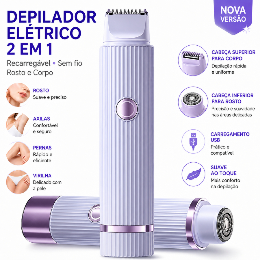 Depilador Elétrico para Rosto e Corpo 2 em 1 Indolor com Navalha Dupla Pele Sensível Recarregável