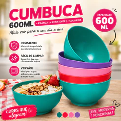 KIT 5 e 10 CUMBUCA 600ML PLÁSTICO RESISTENTE CORES SORTIDAS PETISCOS SOPA COMEMORAÇÃO