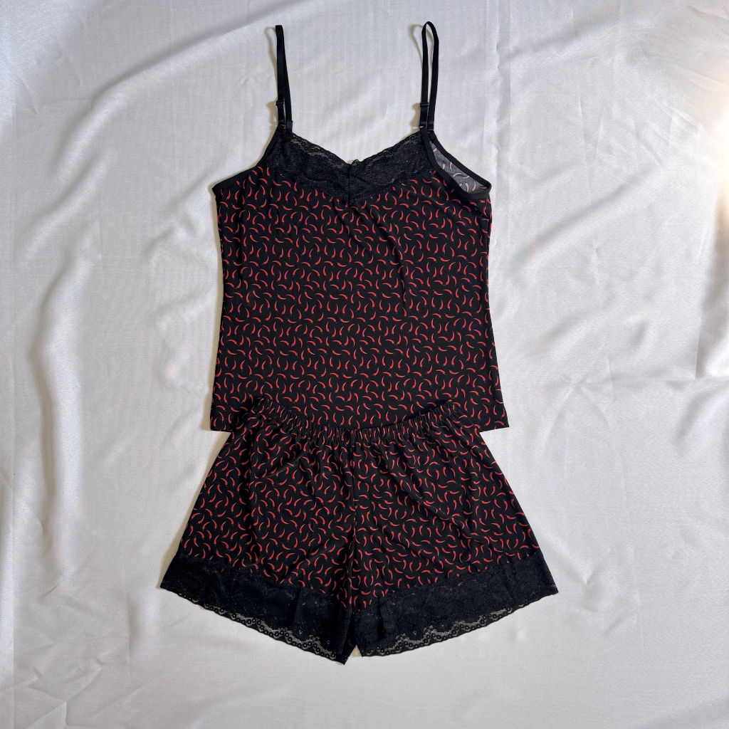 Baby Doll Feminino Liganete com Renda Alça Regulável Estampado Pimenta Pijama Curto Premium Confortável Verão Fresquinho