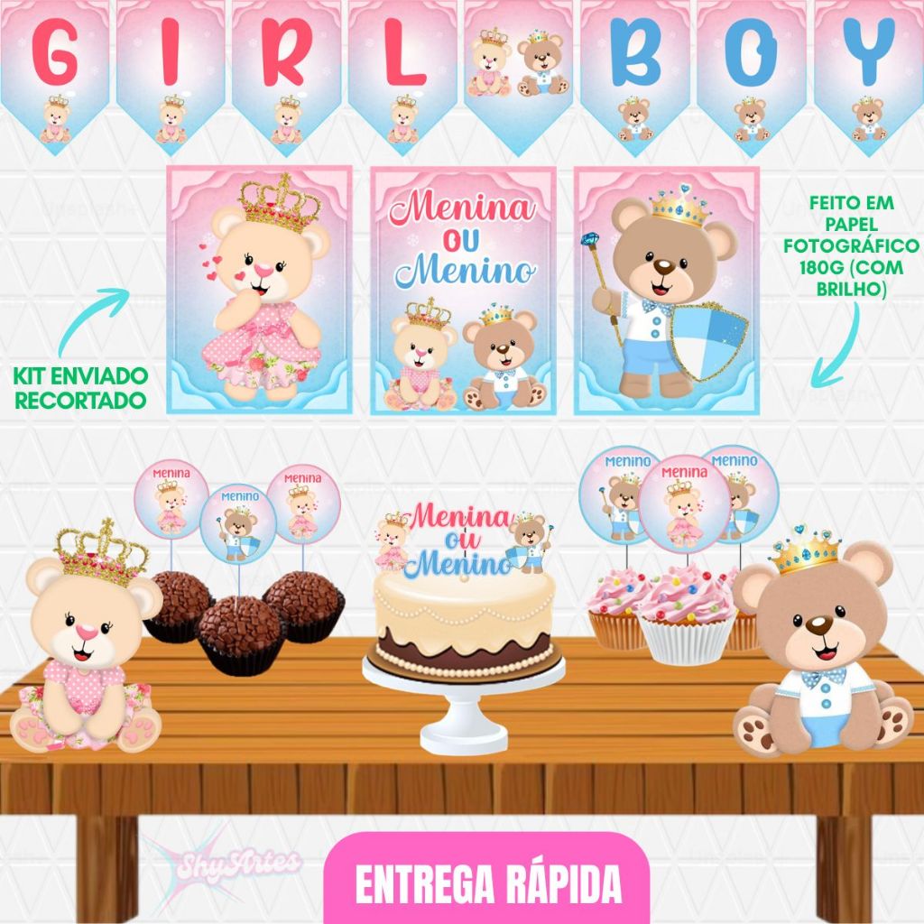 KIT FESTA CHÁ REVELAÇÃO URSINHOS - DECORAÇÃO, ENFEITES DE PAREDE, ENFEITES DE MESA