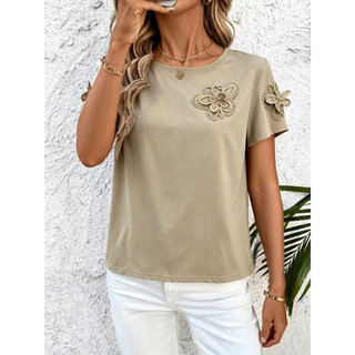 Blusa Simples Liso Feminina Verão Primavera Gola Redonda Com Renda Bordado de ilhó Formato leque Bainha com babado Praia