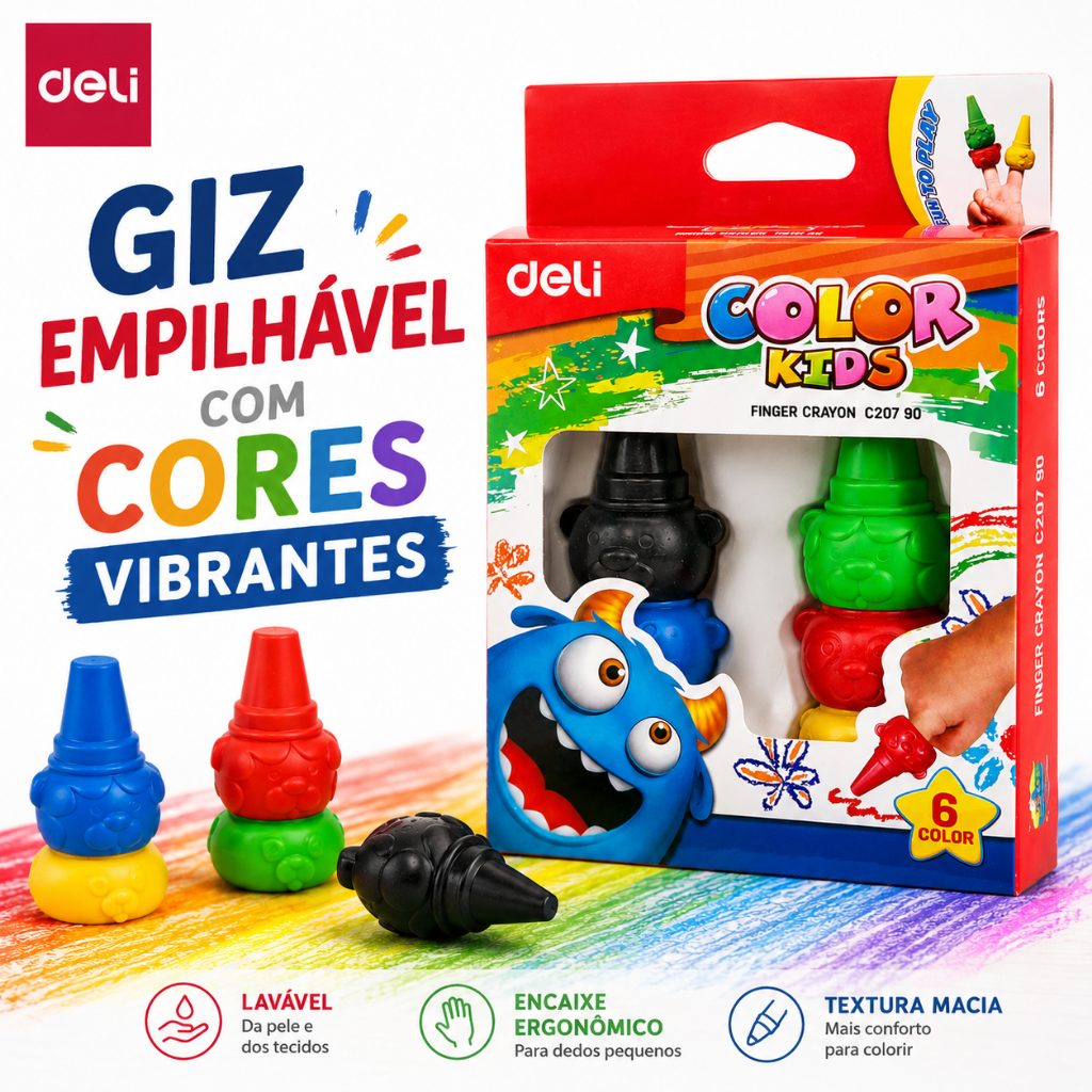 Giz de Cera para Dedos 6 Cores Deli Color Kids Educativo Não Suja as Mãos Formato Bichinhos