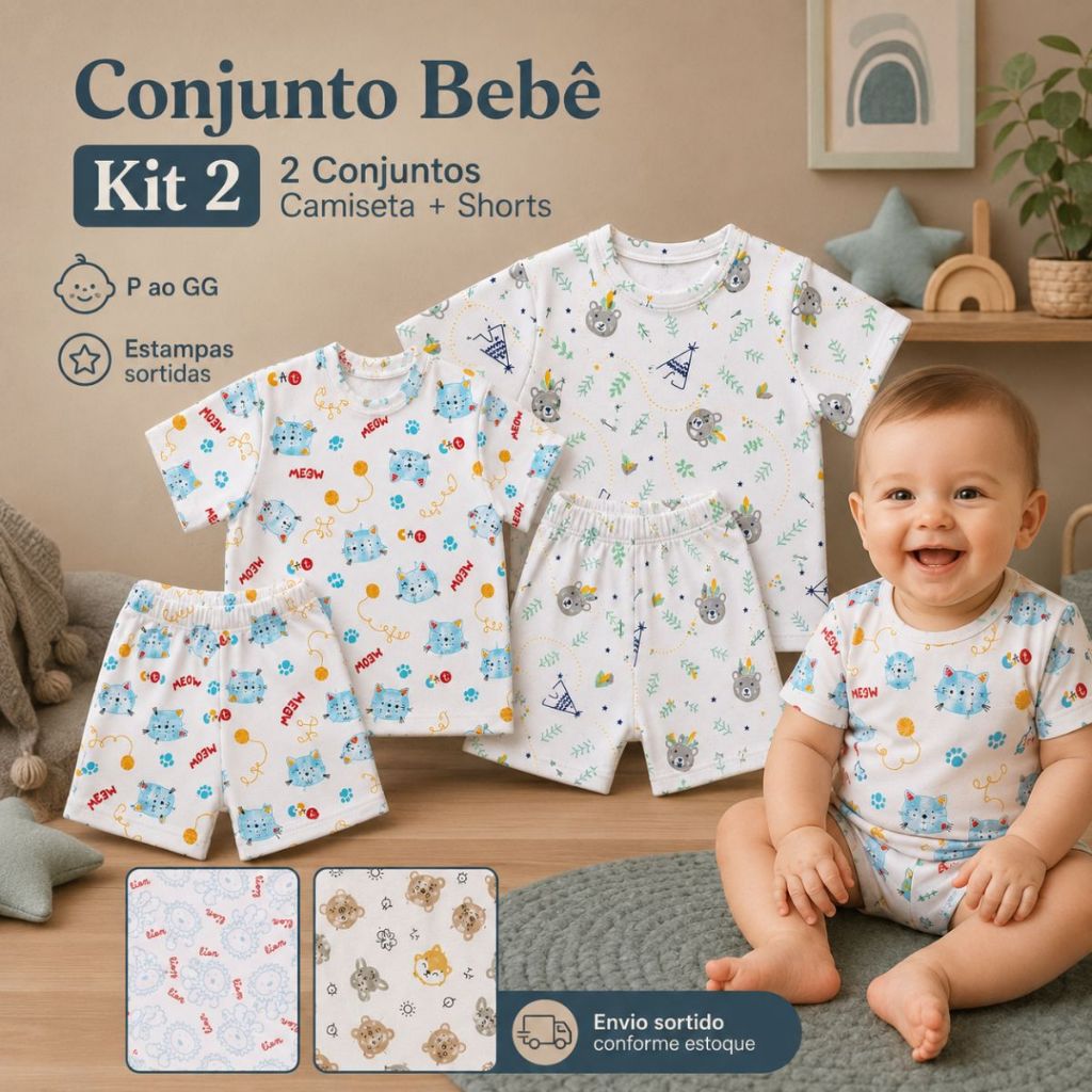Kit 2 Conjunto Masculino Infantil Menino Juvenil Estampado 2 Camisetas + 2 Shorts P Ao GG