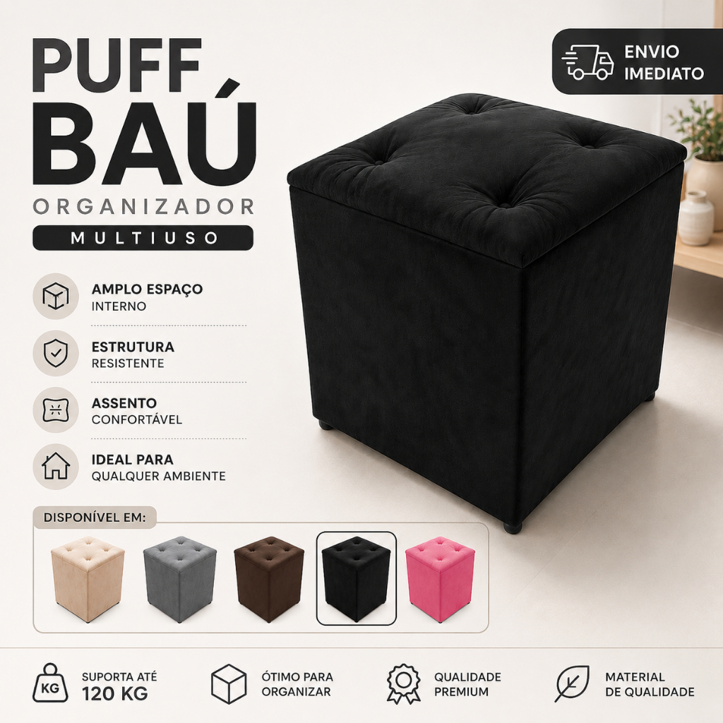 PUFF BAÚ DECORATIVO SUEDE PREMIUM PORTA OBJETOS ORGANIZADOR SAPATOS ROUPAS BRINQUEDO PUF PENTEADEIRA