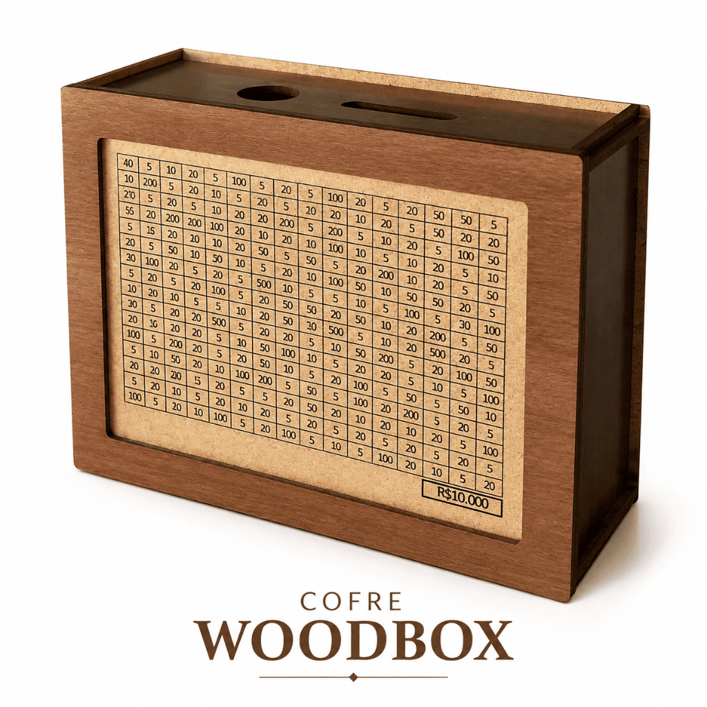 Cofre Desafio 10mil Caixa Dinheiro De Madeira Método Japonês Woodbox Adesivado