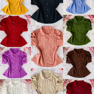 Blusa Camisa Feminina Pérola Clássica com Mangas Franzidas