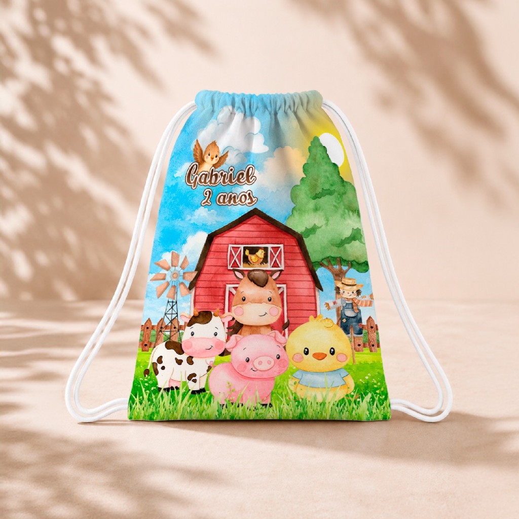 10 Mochila Personalizada Infantil 18x26 Sacolinhas Surpresa Festa Aniversário Lembrancinha Fazendinha Aquarela M1
