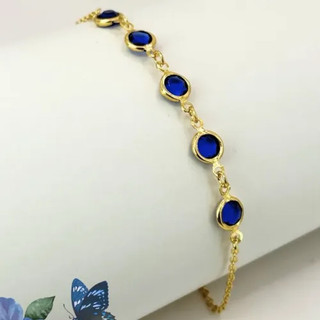 Pulseira Riviera Azul com Pedra Cristal - Pulseira de Madrinha Dourada - Pulseira Zircônia Ajustável