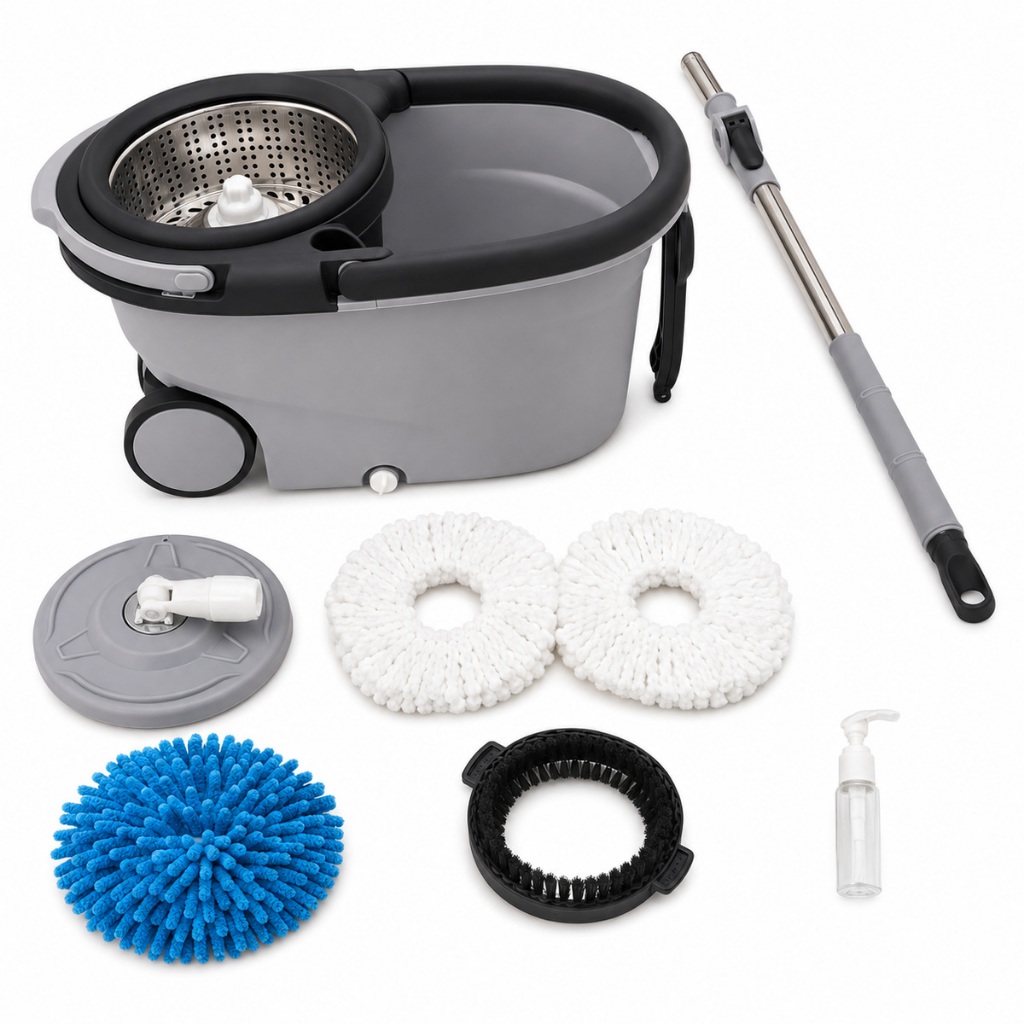 Mop Giratório 360 Inox Balde 14 litros Rodas limpeza pesada + 2 refis de microfibra + escova + pano de pó