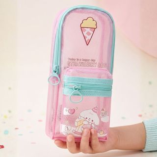 Estojo Mini Mochila Tela Transparente Mesh Grid Papelaria Criativa - 21,5x10cm | Estojo Tela Nylon com Zíper Candy Color