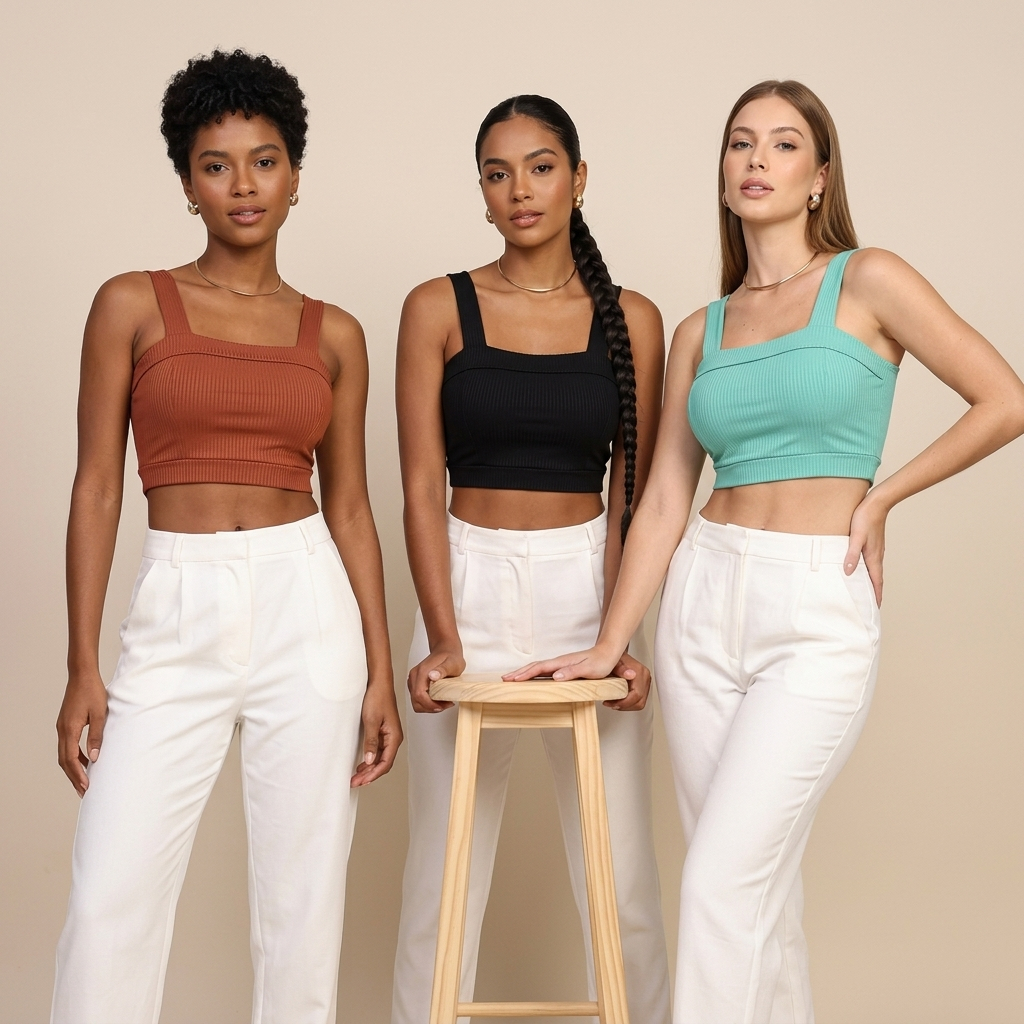 Cropped Canelado Feminino com Bojo Elegante Confortável Primavera Verão Look Casual Festa Moda