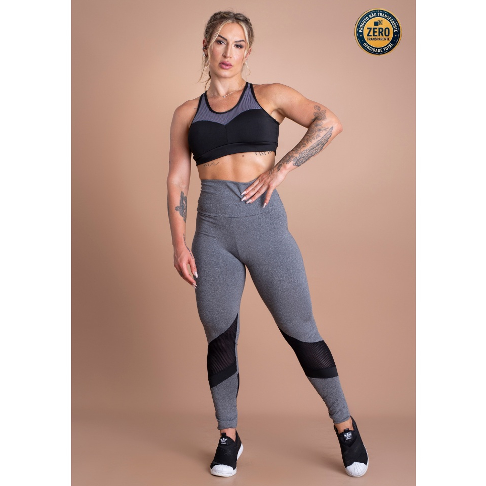 Conjunto Fitness Feminino Calça Legging Cintura Alta Tela Perna E Top Nadador Sustentação Academia ZERO TRANSPARÊNCIA
