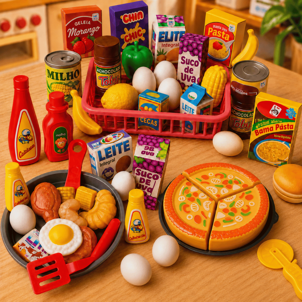 Kit Brinquedo Cozinha Infantil Mercadinho Pizza Comidinha Panelinha Frutas Menina 36 Peças Presente