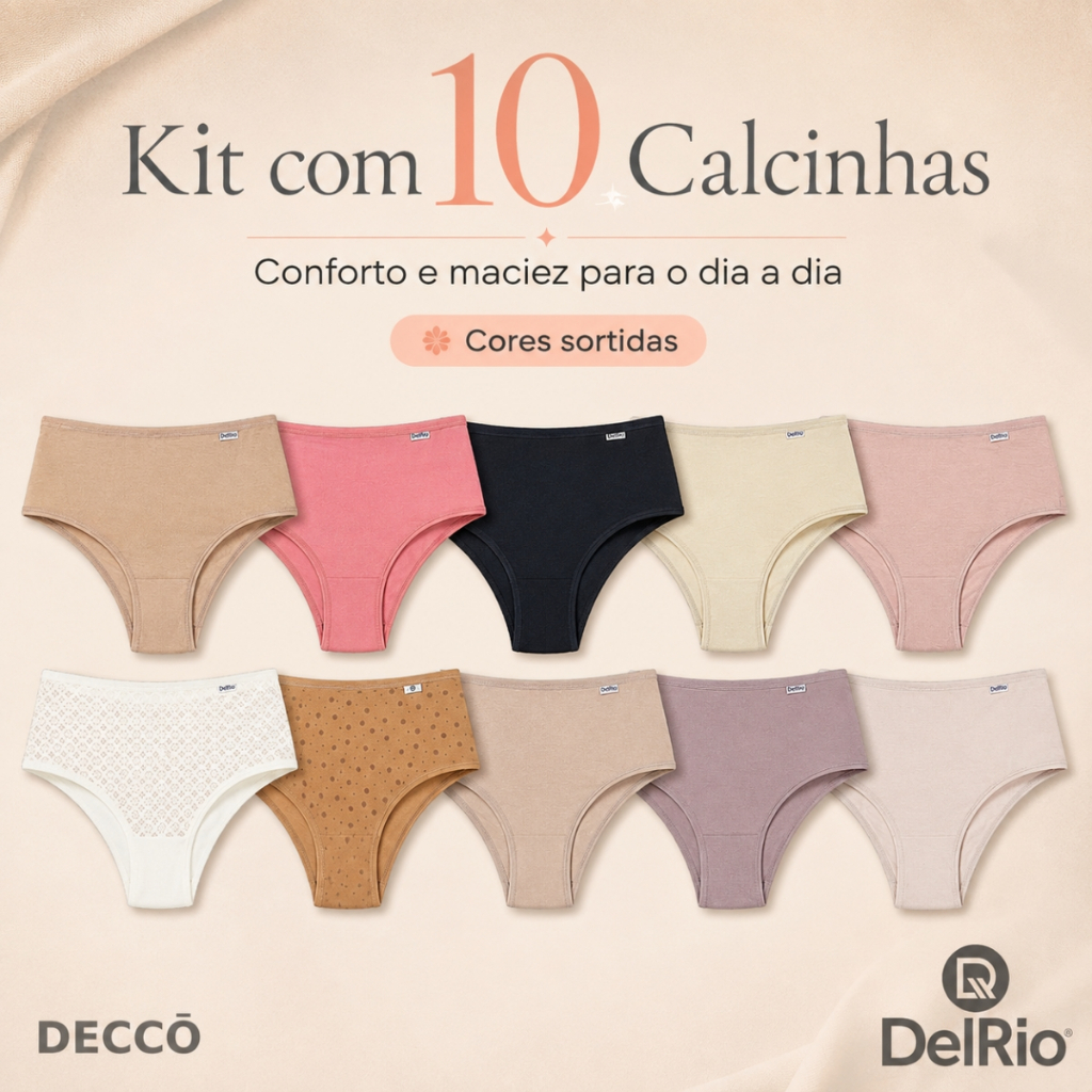 Kit 10 Calcinhas DelRio Cotton Algodão Confortável Feminina Uso Diário Original