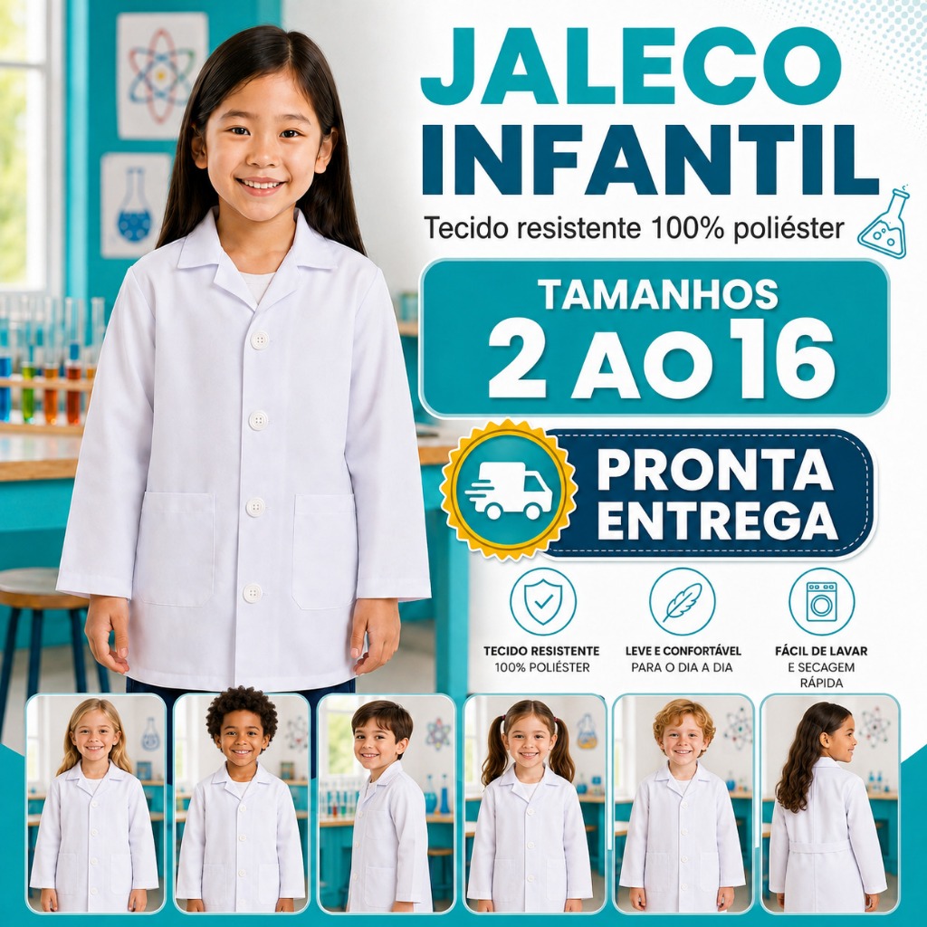 Jaleco Infantil Branco OXFORD Manga Longa Unissex Escolar Uniforme