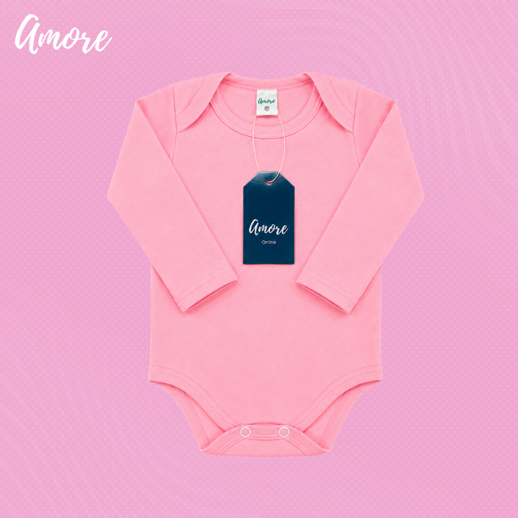 Body Manga Longa Rosa Claro Suedine - 100% Algodão