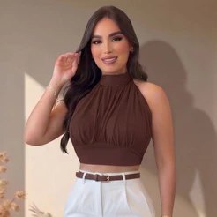Blusa Cropped Feminino Frente Única Franzida Gola Alta Decote Costas Nuas Look Elegante Blogueira Com Bojo