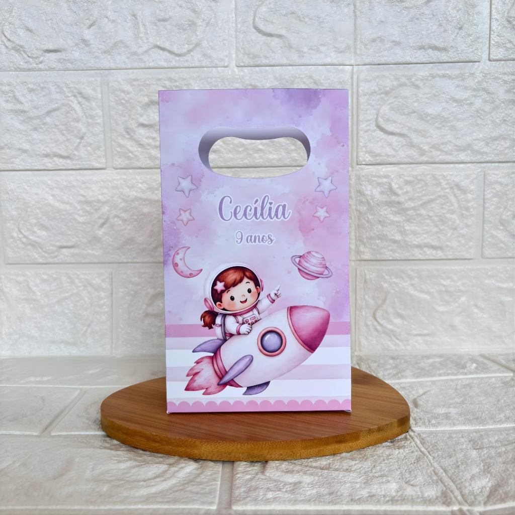 MONTE EM CASA - Sacolinha Surpresa Personalizada Astronauta Menina  - Tamanho PP-Festa Infantil-Aniversário–Lembrancinha