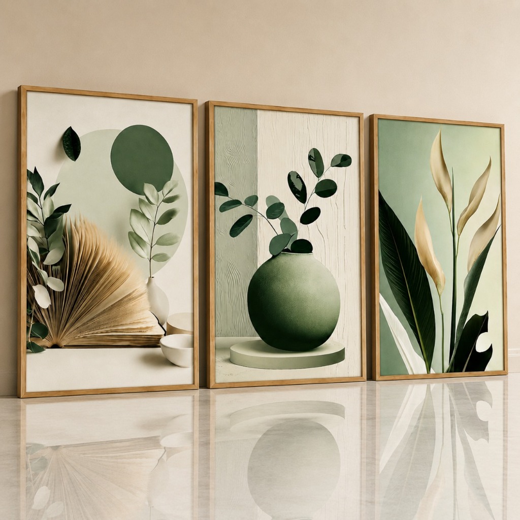 Kit 3 Quadros Decorativos Botânicos Folhagens Verdes Natureza e Vaso Minimalista Sala Hall
