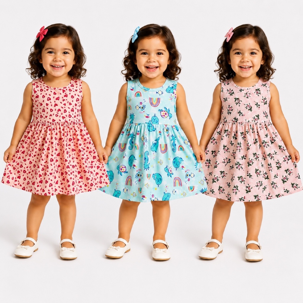 Kit 3 Vestidos Regata Infantis Menina Algodão com Elastano Estampas Sortidas Conforto | 1 a 10 anos
