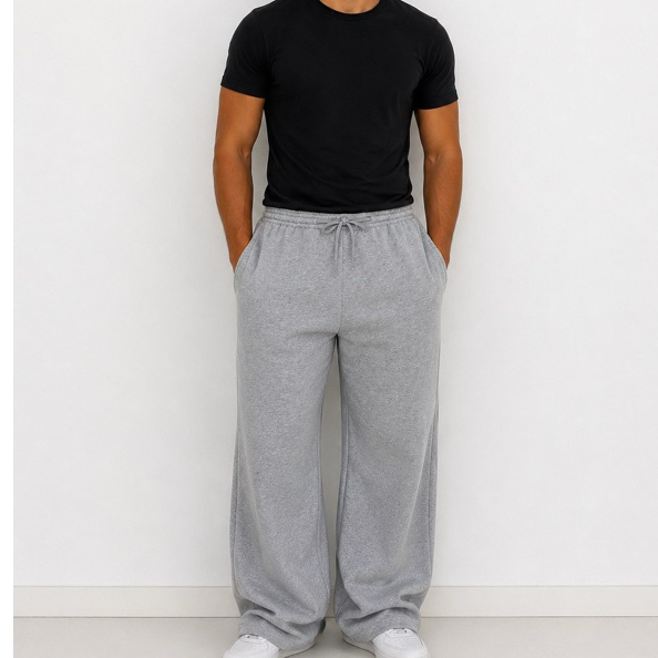 Calça De Moletinho Wide Leg Larga Masculina Cintura Alta Com Elástico E Cordão Confortável Casual  Envio Imediato WKWORL