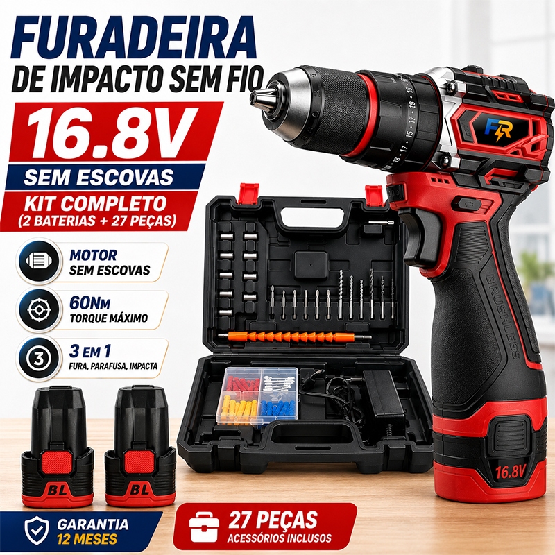 Parafusadeira Furadeira de Impacto Brushless 16,8V 60Nm Sem Fio com 1 ou 2 Baterias