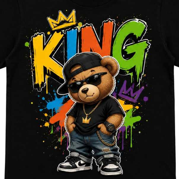 Camiseta Infantil Estilosa Urso King Streetwear Juvenil 100% Algodão Premium personalizada ultra confortável