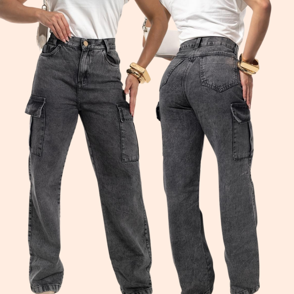 Calça Jeans Wide Leg Cargo Feminina Cintura Alta Com Bolso Lateral Marmorizada Pantalona Boca Larga Cintura Alta Premium