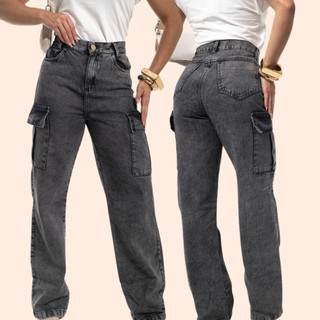 Calça Jeans Wide Leg Cargo Feminina Cintura Alta Com Bolso Lateral Marmorizada Pantalona Boca Larga Cintura Alta Premium