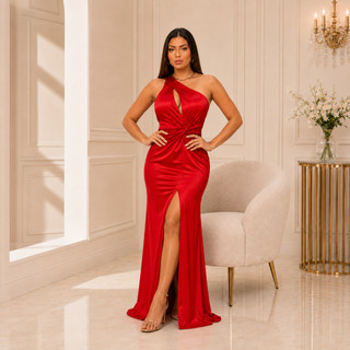Vestido Longo Festa Acetinado Um Ombro Só com Fenda Drapeado Casamento Formatura Madrinha M G GG G1- Elsa