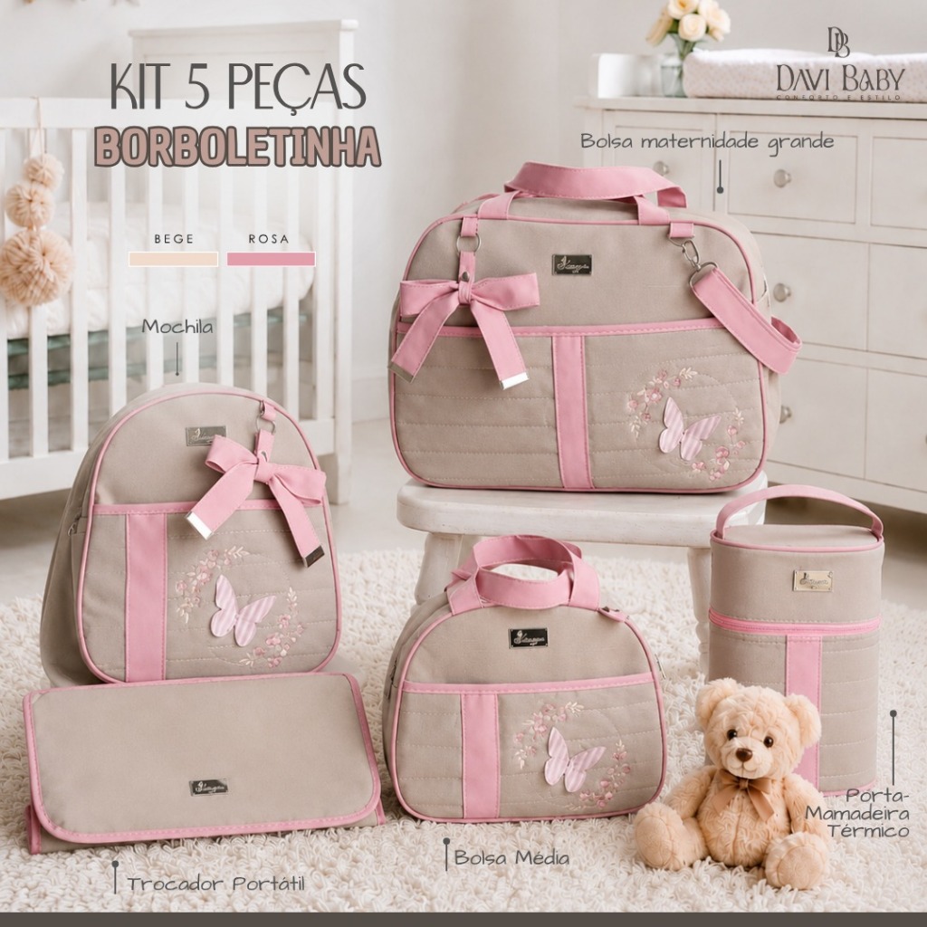 Kit Bolsa Maternidade Completo Bolsa G Bolsa M Mochila Porta Mamadeira Trocador Térmico Impermeável de Luxo Davi Baby