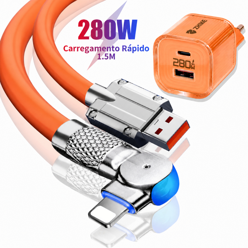 Cabo Carregador Carregamento Rápido Compatível com iPhone 11 12 13 14 1.5M Giratório 180° Com Adaptador GaN