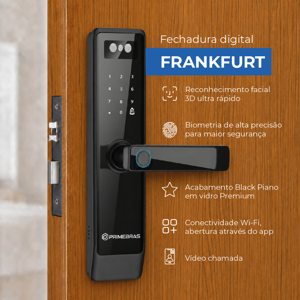 Fechadura Digital Primebras Frankfurt Biometria Facial Câmera Wi-Fi App Black Piano Porta Madeira e Aluminio P7001