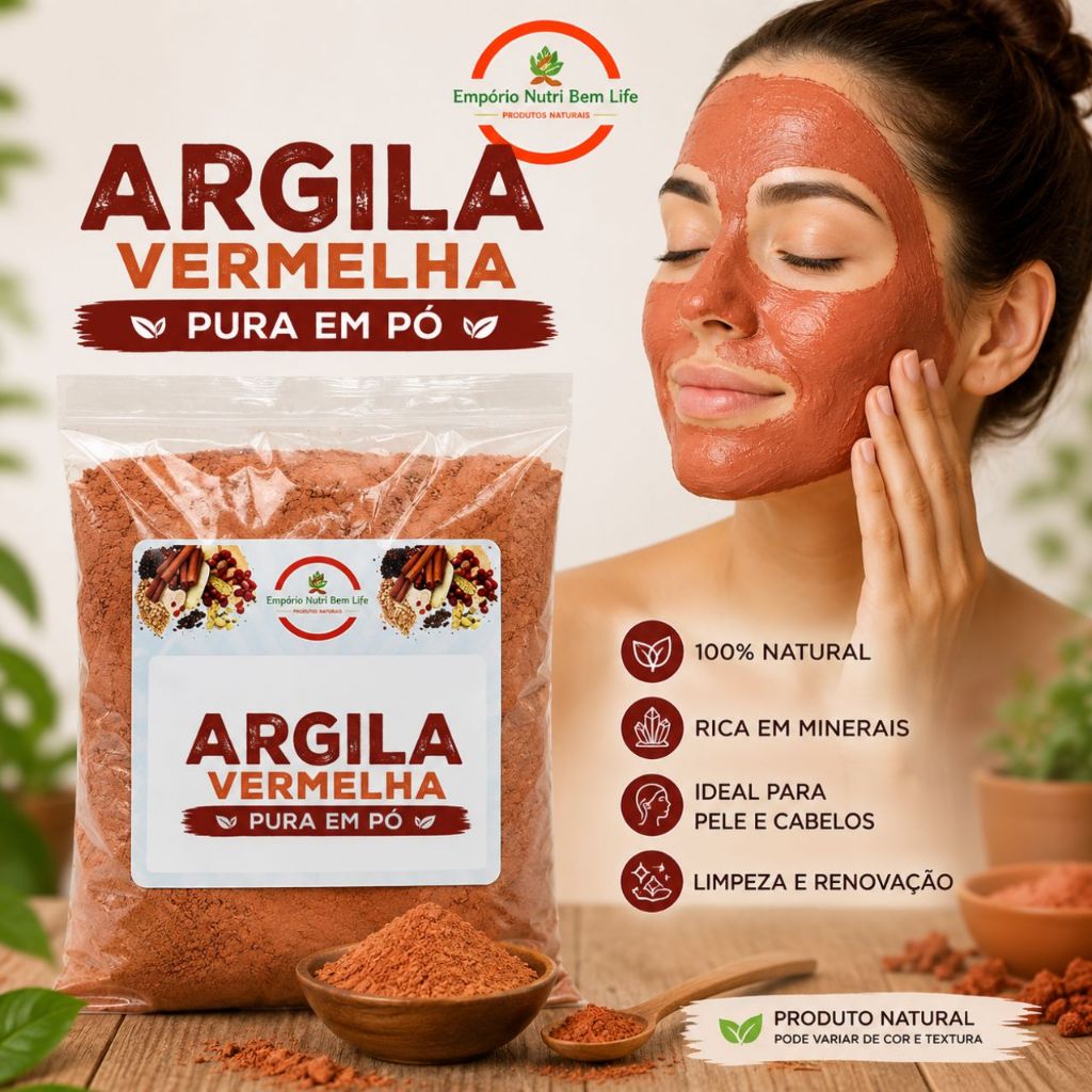 Argila Vermelha Pura em Pó | 100% Natural | Máscara Facial, Corporal e Capilar