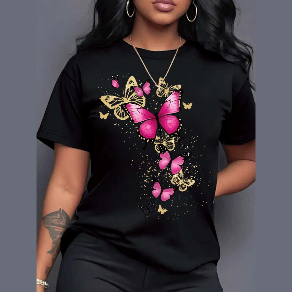 Camiseta Feminina Estampada T Shirt Moda Casual Moderna Borboletas Babylook Camisa Confortável