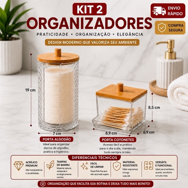 Potes Organizadores Multiuso com Tampa de Bambu Porta Algodão e Porta Cotonete Material em Acrílico