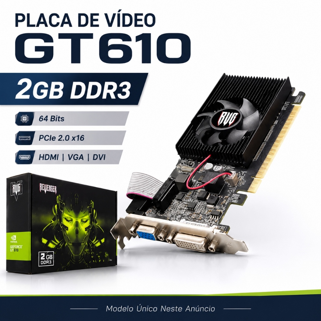 Placa de Vídeo GT610 2GB DDR3 64 Bits HDMI VGA DVI PCIe 2.0 x16 Chipset NVIDIA Para PC