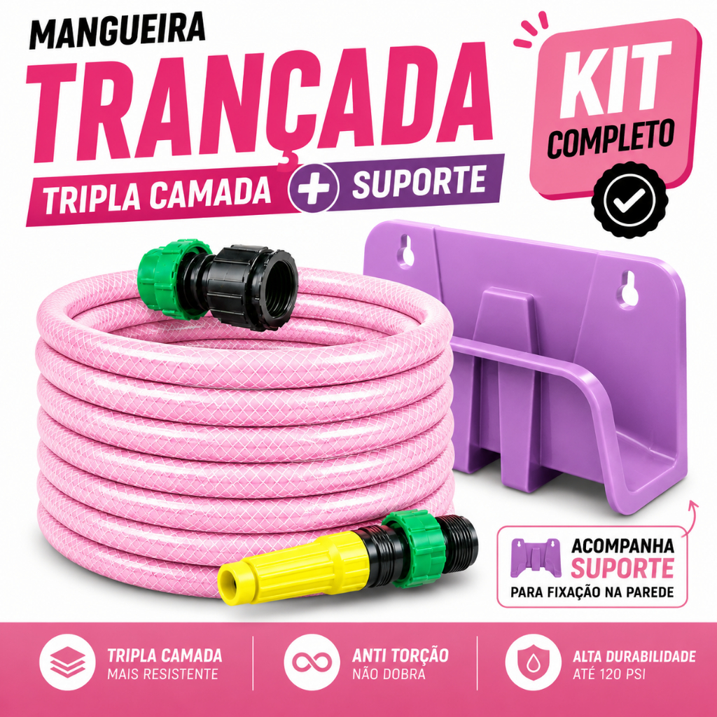Mangueira Trançada Rosa 7/16 Tripla Camada Com Suporte - 10 a 40 Metros