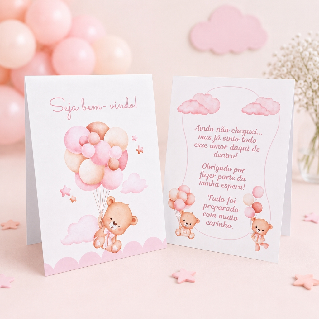 Plaquinhas de agradecimento Chá de bebê Ursinho Rosa - Decoração de Mesa - Lembrancinha Chá Revelação