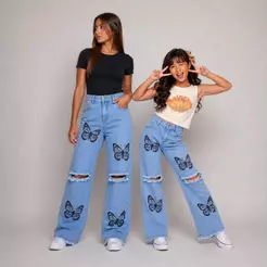 Calça Jeans Wide Leg Destroyed Desenho borboleta Coração Infantil Menina