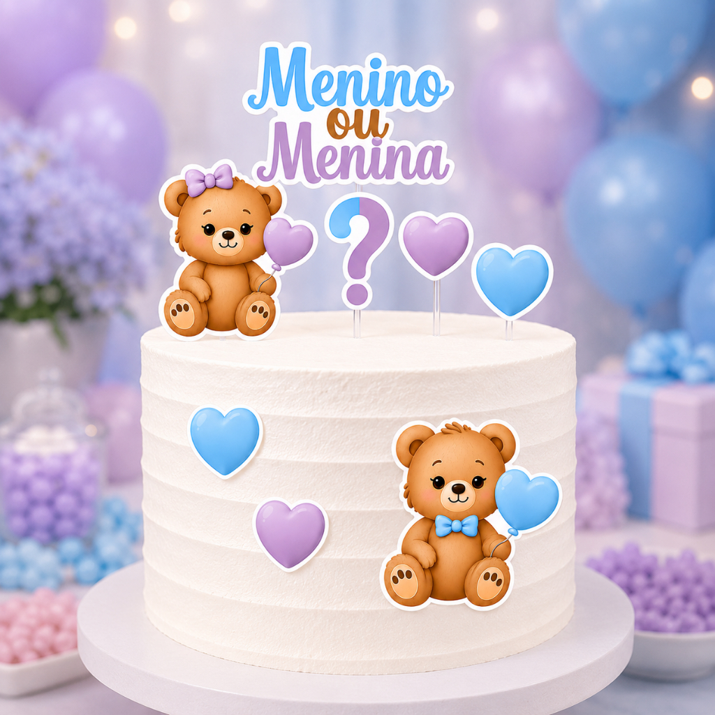 Topo de Bolo Chá Revelação Ursinho Menino ou Menina Azul e Lilás Decoração Festa
