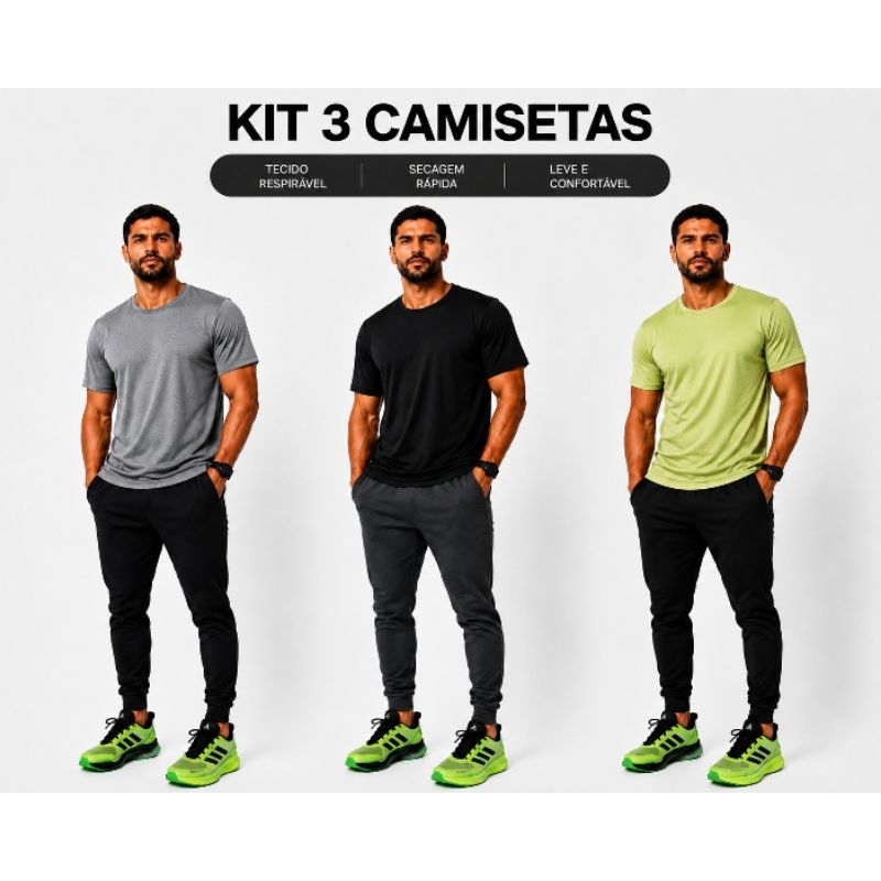 🔥 Camiseta Masculina Esportiva Dry Fit - Kit com 3 academia, caminhada, dia dia, leve e confortavel