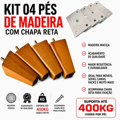 4 Pé Pézinho Trapezio De Madeira Retro Para Móveis Puff Banco Eucalipto Poltrona Sofá Cadeira com Chapa Reta P/ 400kg