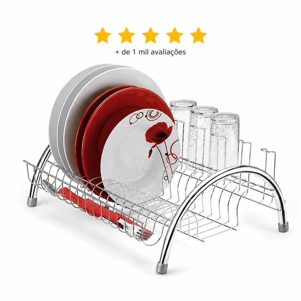 Escorredor de Pratos Inox Cromado Compacto 11 Pratos 5 Copos Cozinha Resistente Antiferrugem