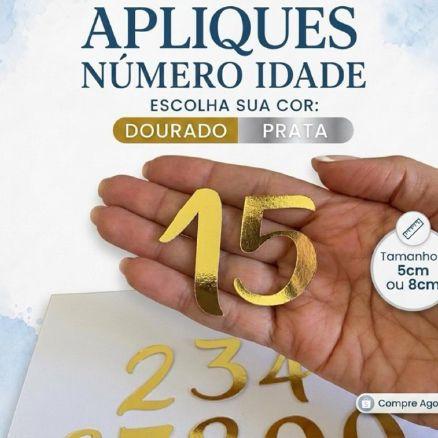 KIT 30 Apliques Número Idade em Lamicote Dourado ou Prata | 5cm ou 8cm | Lembrancinha Festa