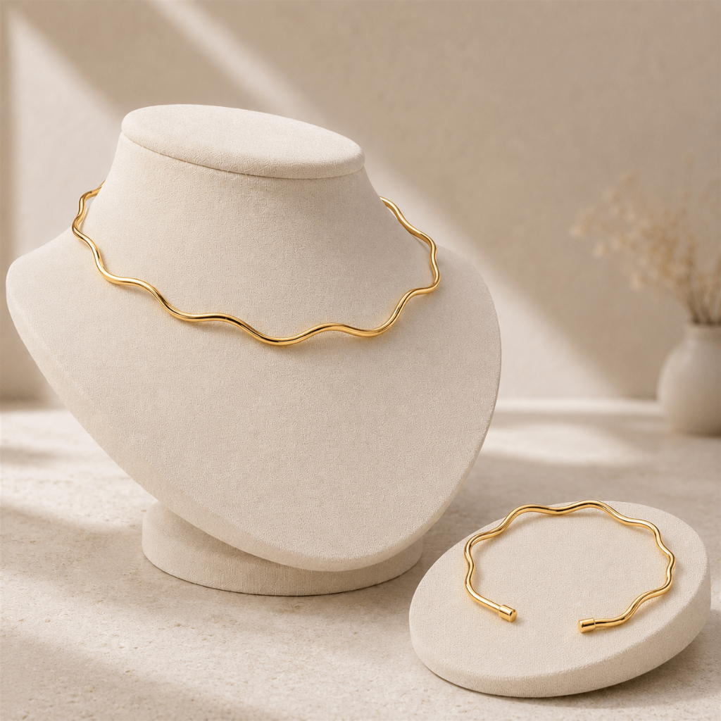 Conjunto Choker e Pulseira Aro Ondulado Ajustável Folheado Dourado ou Prata Antialérgico