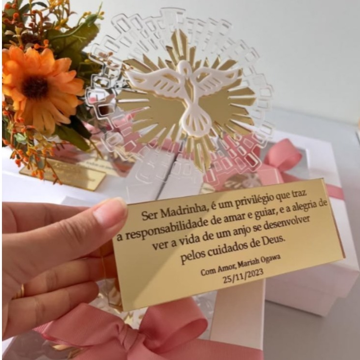 Lembrancinha Batizado Convite Madrinha Padrinho Acrílico Espelhado Divino Espírito Santo Bloco Luxo Personalizado