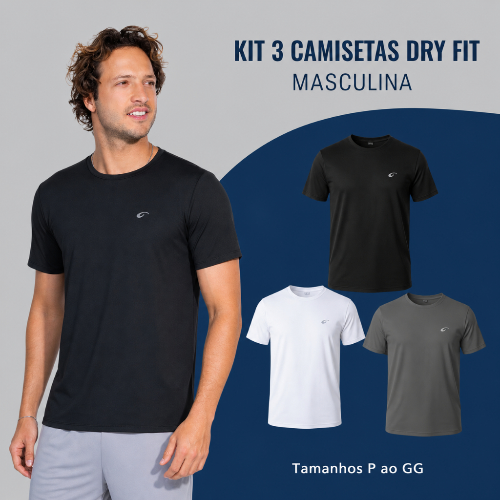 Kit 3 Camisetas Dry Fit Masculinas Premium com Elastano Proteção UV Manga Curta Academia Corrida P ao GG Syozbee