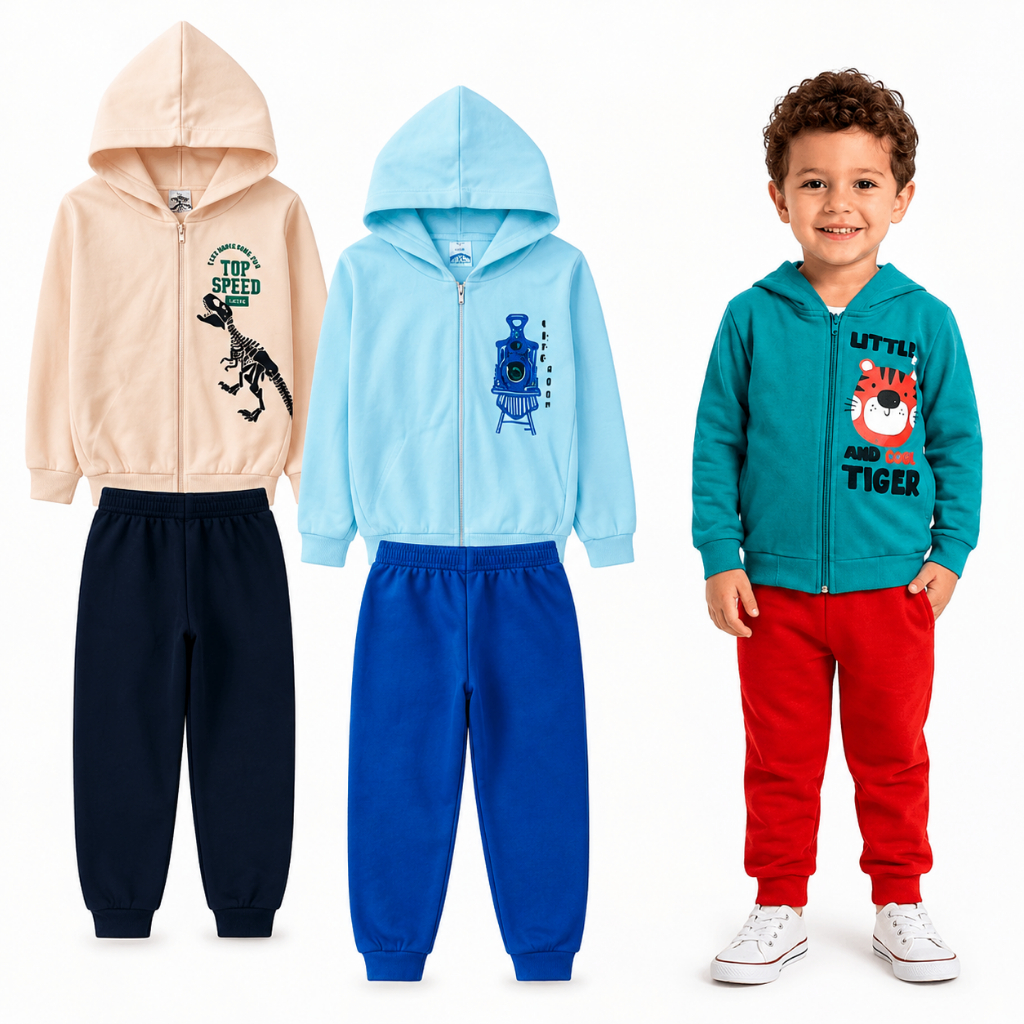 Kit 4 Peças Moletom Infantil com Zíper e Capuz – 2 Conjuntos Menino (Tam 1 ao 8)