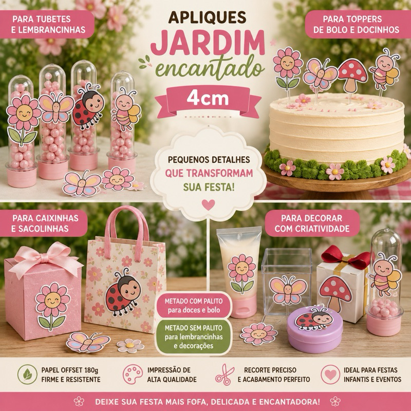 Apliques Jardim Encantado 4cm Personalizados para Tubetes Toppers Lembrancinhas Festa Infantil